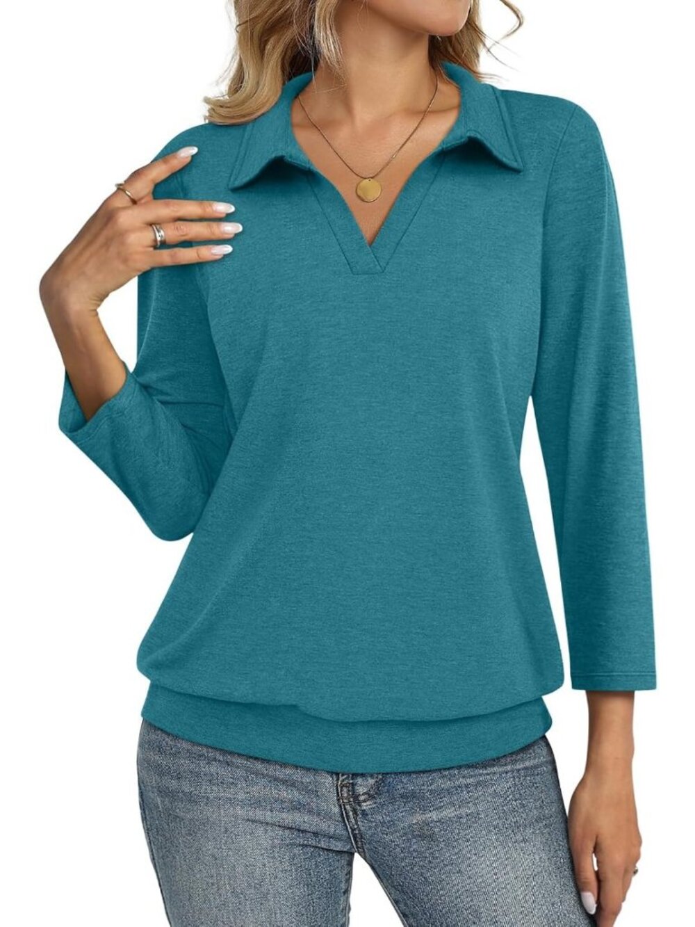 Women's Turquoise V Neck Banded Bottom 3/4 Sleeve Shirts Collared Casual Blouses